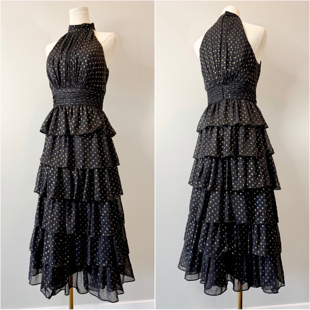 NWTs Mac Duggal Dress Black Gold Dots Prom Wedding Guest Formal Celestial $398